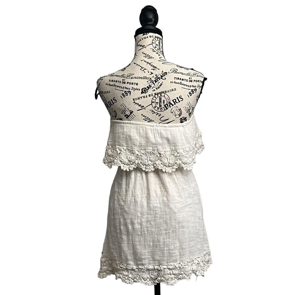 O’Neill Beige Strapless Linen Mini Dress Lace Crochet Boho Peasent Beach S - Picture 4 of 9